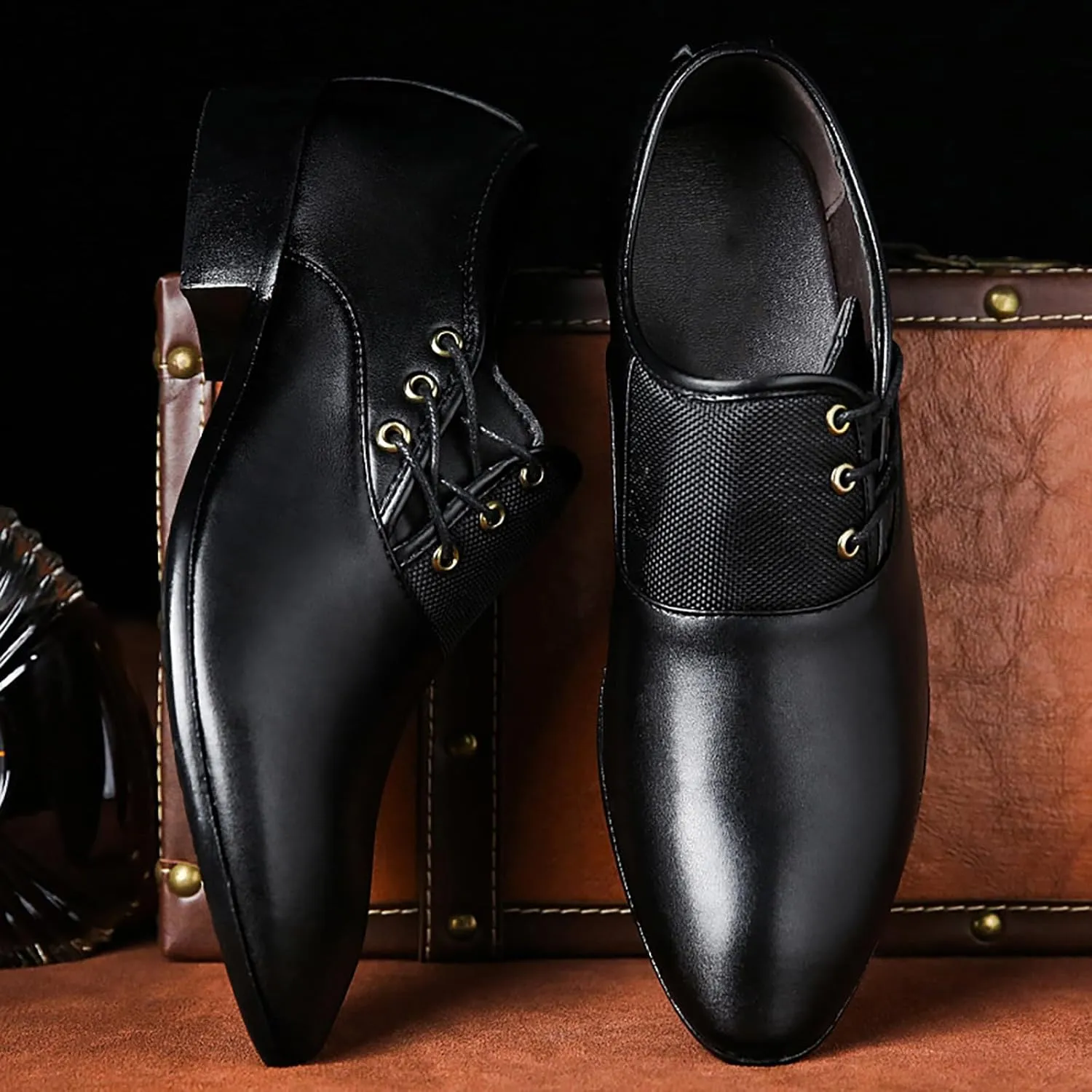 Men's Slip on Pointed Toe Oxford Shoes,Fashion Patent Leather Lace-up Decoration Formal Business Office Derby Dress Shoes Casual Comfy Non-Slip Flat Oxfords