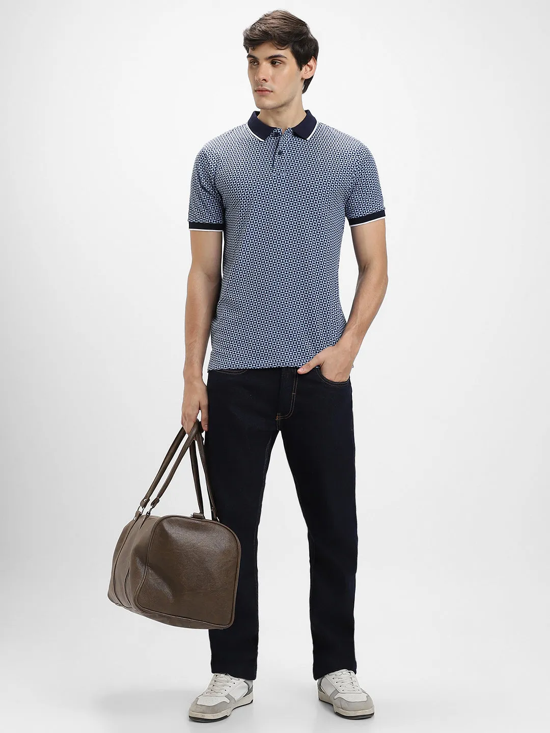 Men's Spread Collar Regular Fit Aop Navy T-shirt
