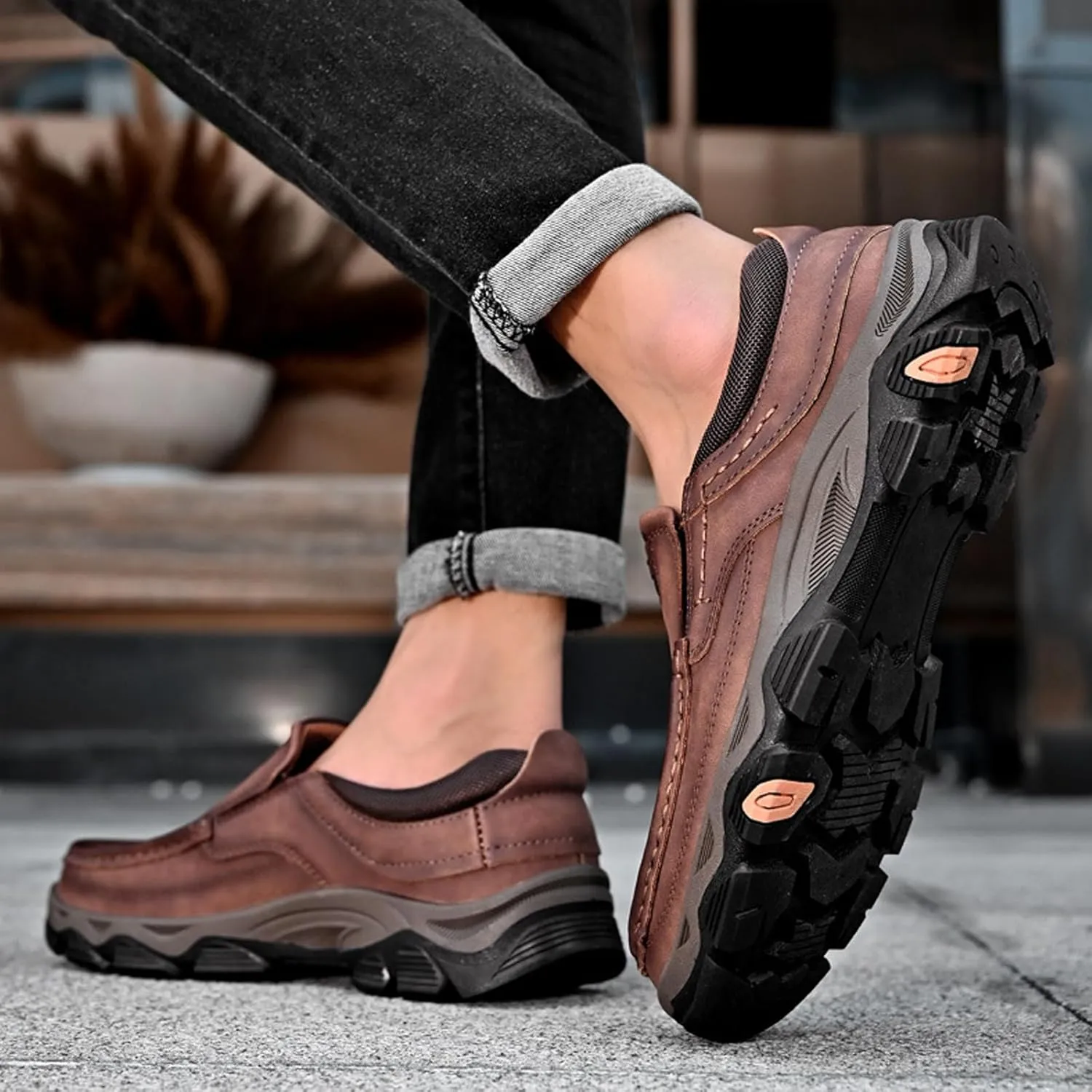 Men's Suede Casual Hiking Loafers,Hand Stitching Comfort Anti Slip Slip on Business Dress Shoes Fashion Outdoor Walking Boat Shoes