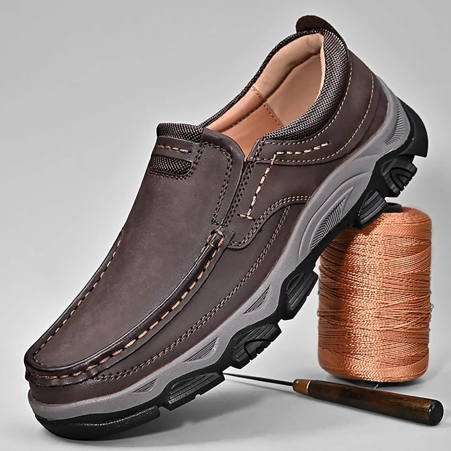Men's Suede Casual Hiking Loafers,Hand Stitching Comfort Anti Slip Slip on Business Dress Shoes Fashion Outdoor Walking Boat Shoes