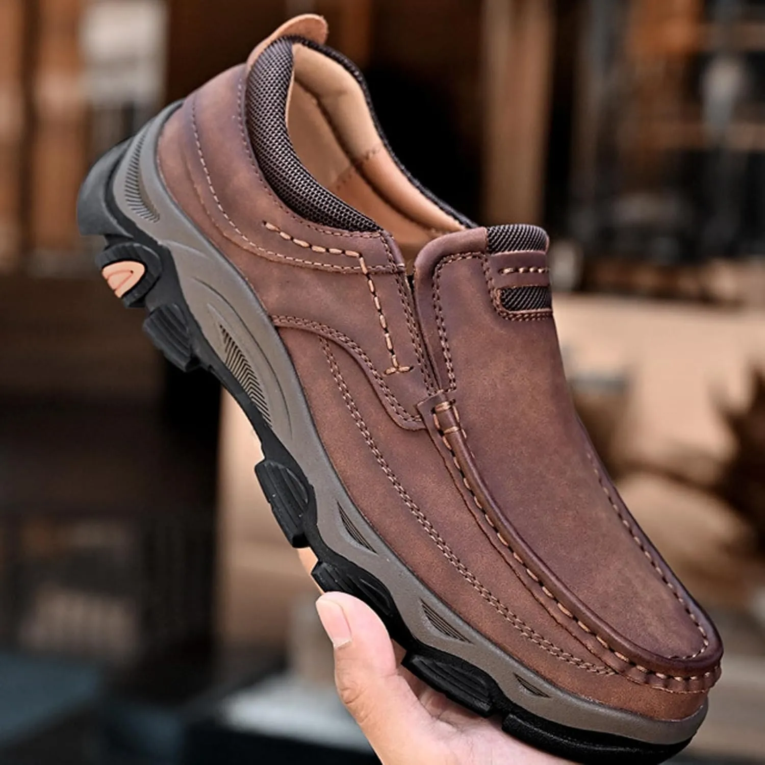Men's Suede Casual Hiking Loafers,Hand Stitching Comfort Anti Slip Slip on Business Dress Shoes Fashion Outdoor Walking Boat Shoes