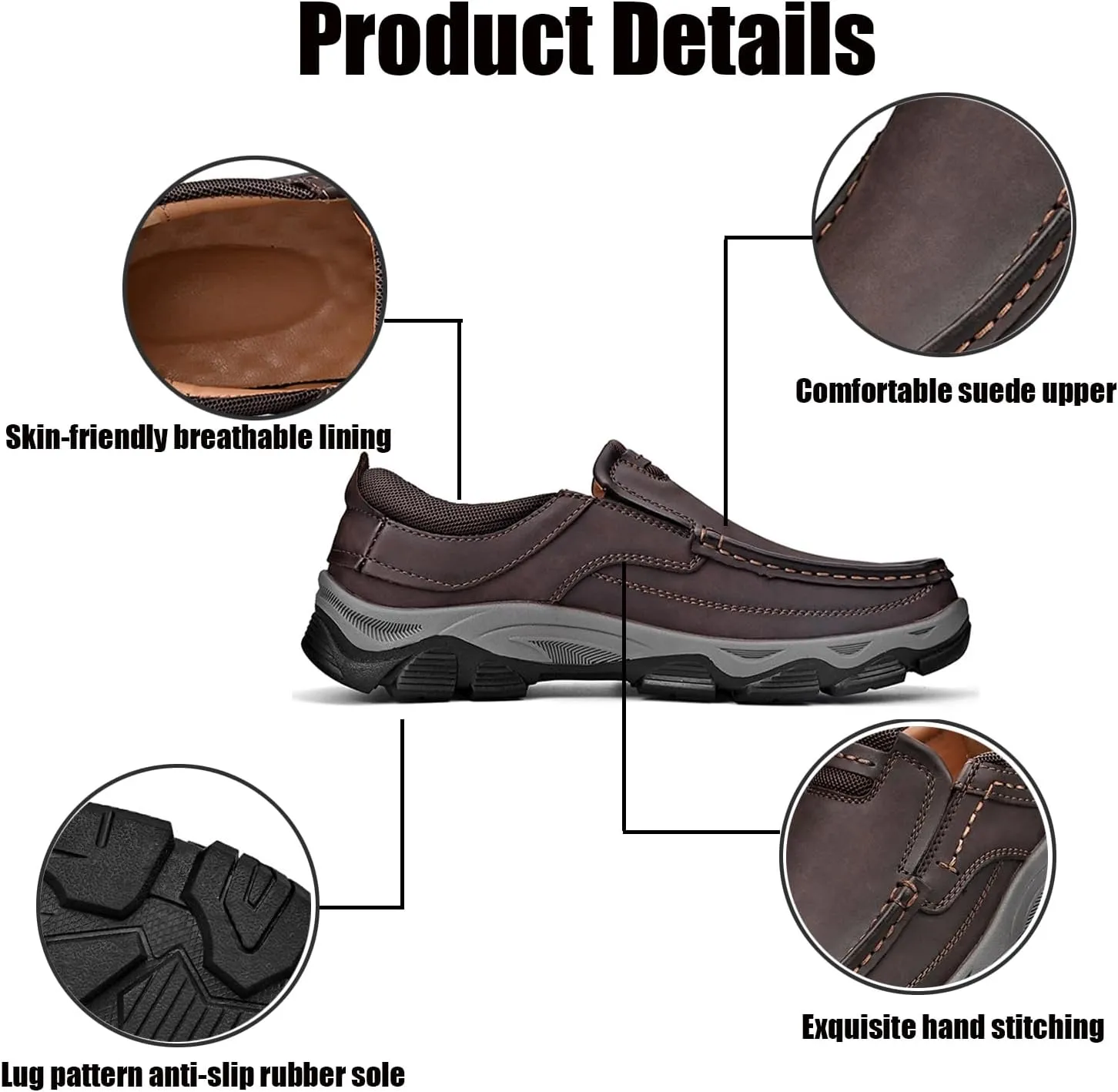 Men's Suede Casual Hiking Loafers,Hand Stitching Comfort Anti Slip Slip on Business Dress Shoes Fashion Outdoor Walking Boat Shoes