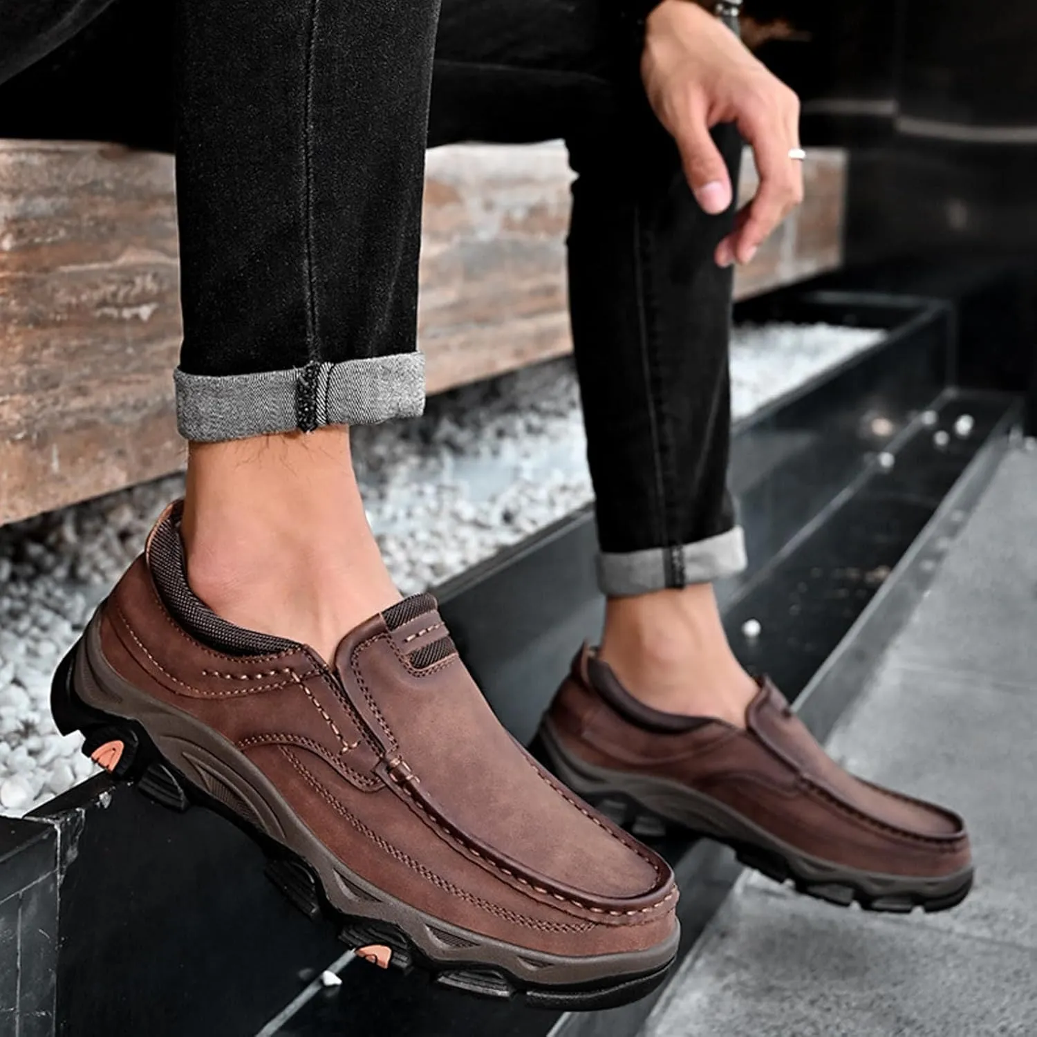 Men's Suede Casual Hiking Loafers,Hand Stitching Comfort Anti Slip Slip on Business Dress Shoes Fashion Outdoor Walking Boat Shoes