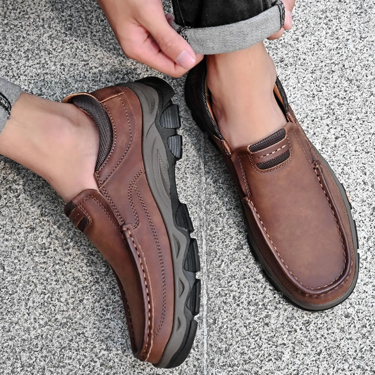 Men's Suede Casual Hiking Loafers,Hand Stitching Comfort Anti Slip Slip on Business Dress Shoes Fashion Outdoor Walking Boat Shoes