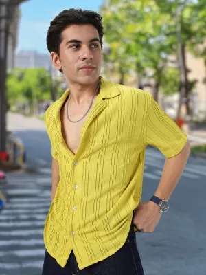 Men's Yellow Cotton Half Sleeve Oversized Fit Textured Shirt with Cuban Collar
