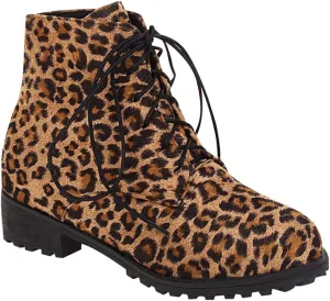 oiangi Ankle Boots for Women Low Heel Comfortable Leopard Lace Up Round Toe Square Heel Short Booties Lightweight Casual Trendy Non-slip Shoes