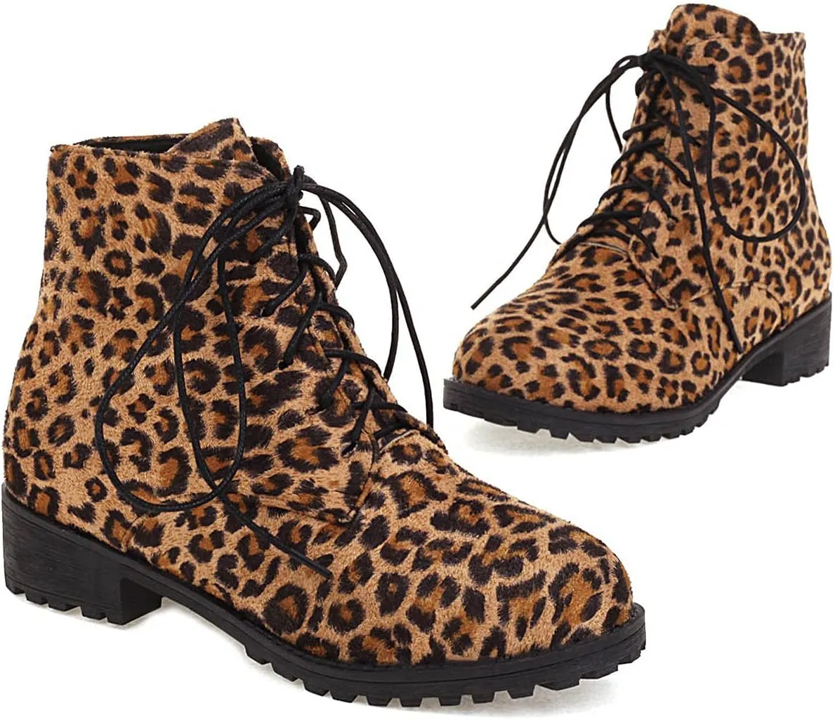 oiangi Ankle Boots for Women Low Heel Comfortable Leopard Lace Up Round Toe Square Heel Short Booties Lightweight Casual Trendy Non-slip Shoes