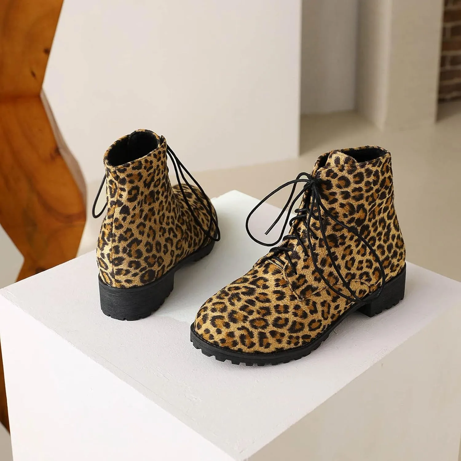 oiangi Ankle Boots for Women Low Heel Comfortable Leopard Lace Up Round Toe Square Heel Short Booties Lightweight Casual Trendy Non-slip Shoes