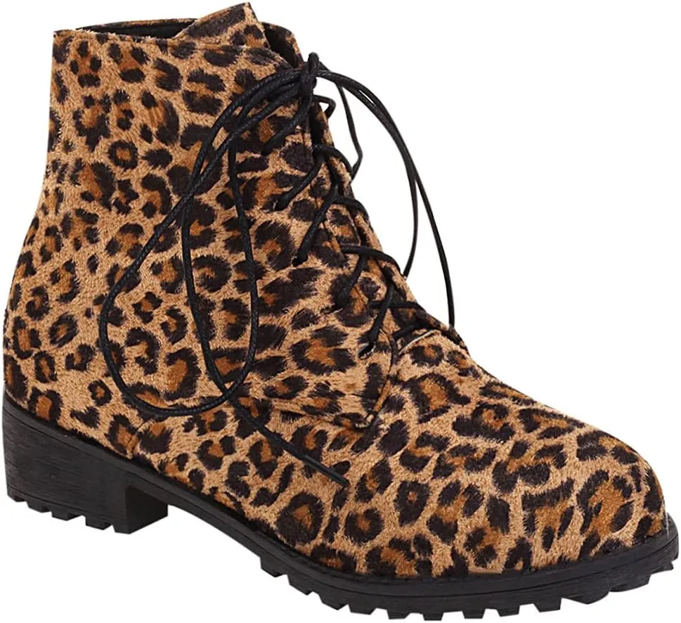 oiangi Ankle Boots for Women Low Heel Comfortable Leopard Lace Up Round Toe Square Heel Short Booties Lightweight Casual Trendy Non-slip Shoes