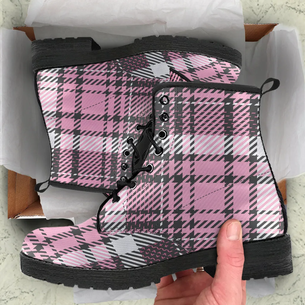 Pink Tartan Vegan Leather Combat Boots (RE101)