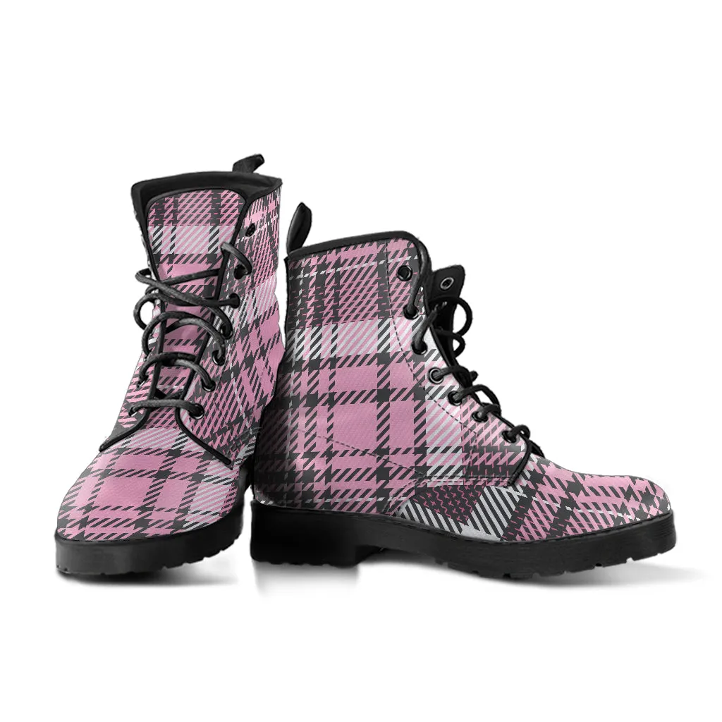 Pink Tartan Vegan Leather Combat Boots (RE101)