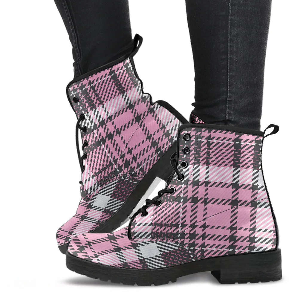 Pink Tartan Vegan Leather Combat Boots (RE101)