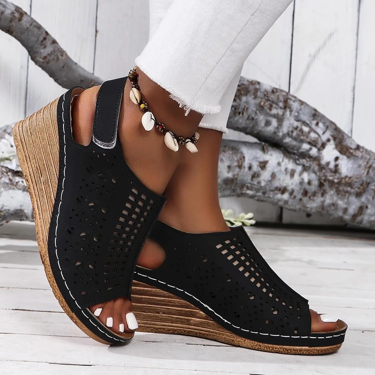 Platform Wedge Sandals for Women Comfortable Open Toe Hollow Out Sandals Dressy Casual Slip on Shoes Summer Bohemian Sandal with Adjustable Buckle Strap