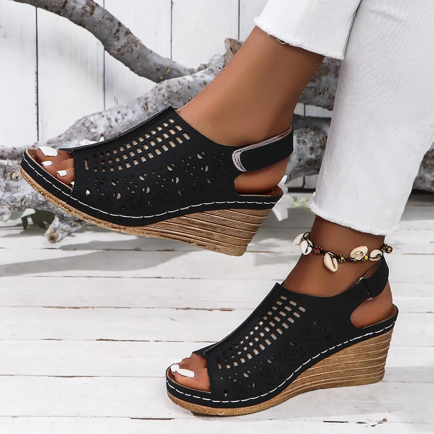 Platform Wedge Sandals for Women Comfortable Open Toe Hollow Out Sandals Dressy Casual Slip on Shoes Summer Bohemian Sandal with Adjustable Buckle Strap