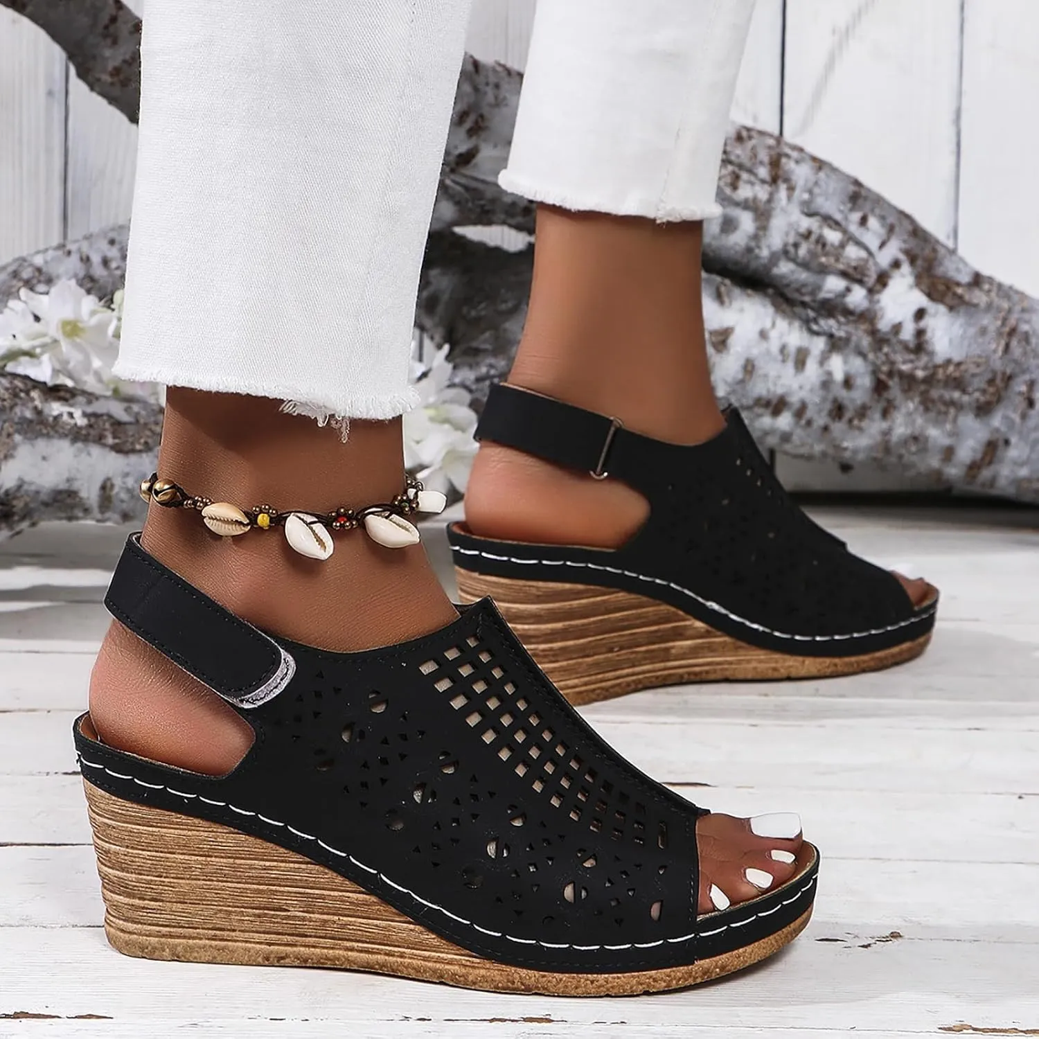 Platform Wedge Sandals for Women Comfortable Open Toe Hollow Out Sandals Dressy Casual Slip on Shoes Summer Bohemian Sandal with Adjustable Buckle Strap