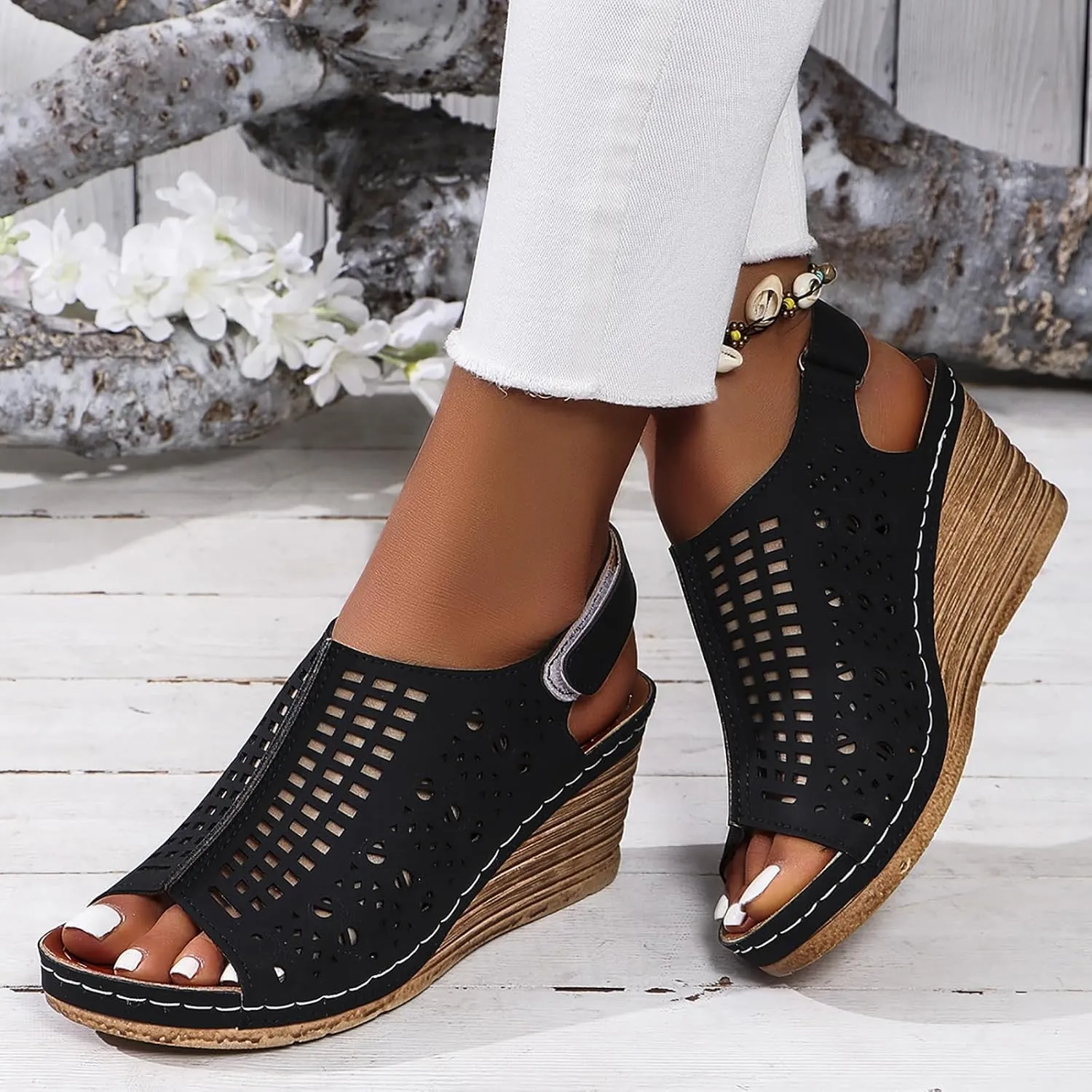 Platform Wedge Sandals for Women Comfortable Open Toe Hollow Out Sandals Dressy Casual Slip on Shoes Summer Bohemian Sandal with Adjustable Buckle Strap