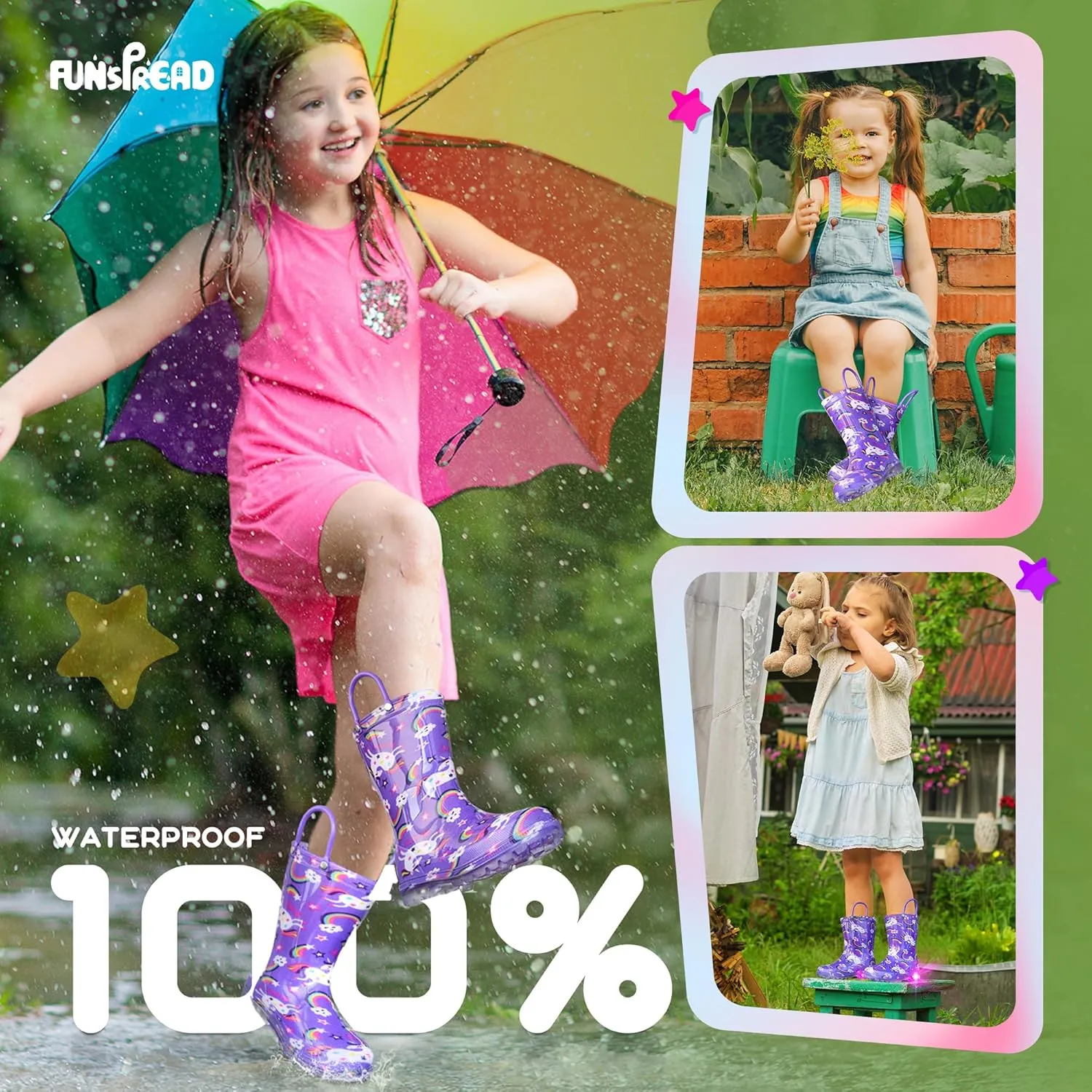 Rain Boots for Girls Toddlers - Light Up Kids Rainboots Boots Waterproof Lightweight Rain Shoes with Handles (Toddler/Little/Big kids)