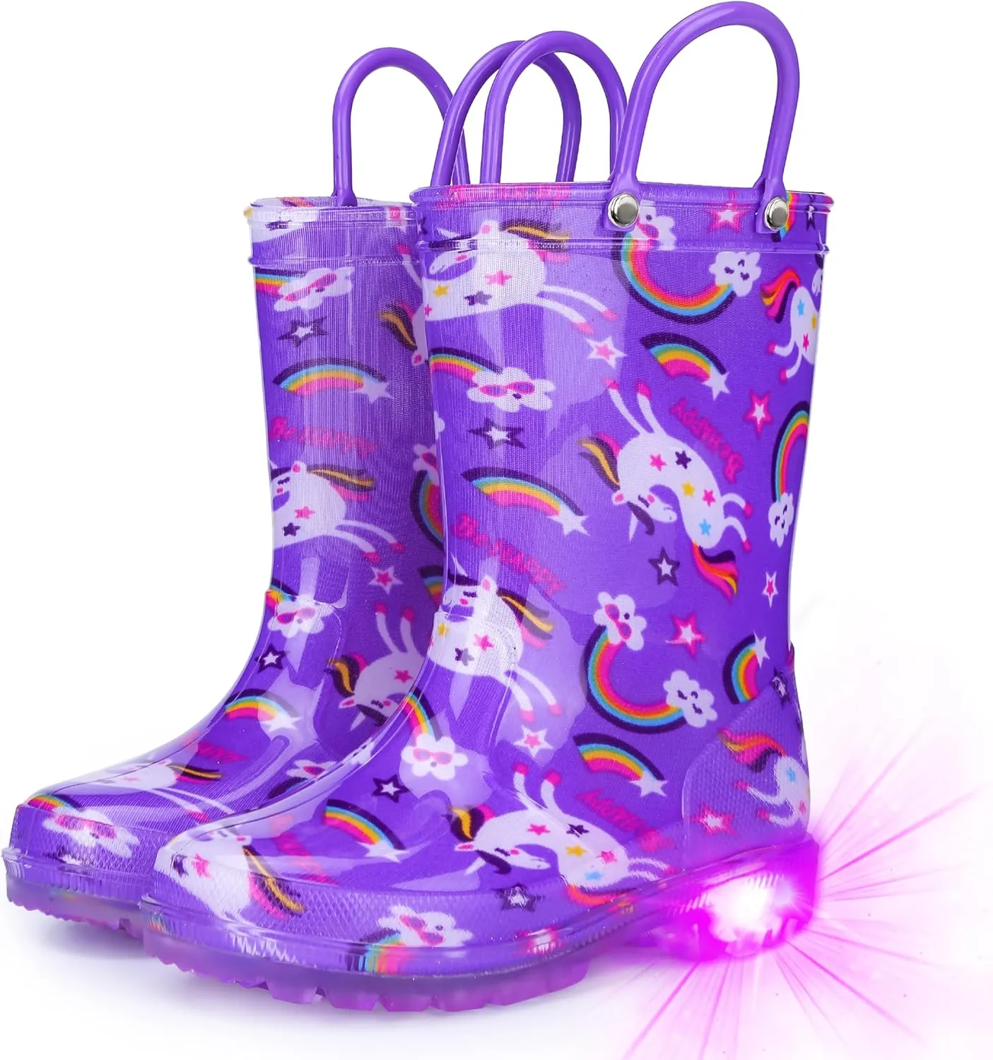 Rain Boots for Girls Toddlers - Light Up Kids Rainboots Boots Waterproof Lightweight Rain Shoes with Handles (Toddler/Little/Big kids)