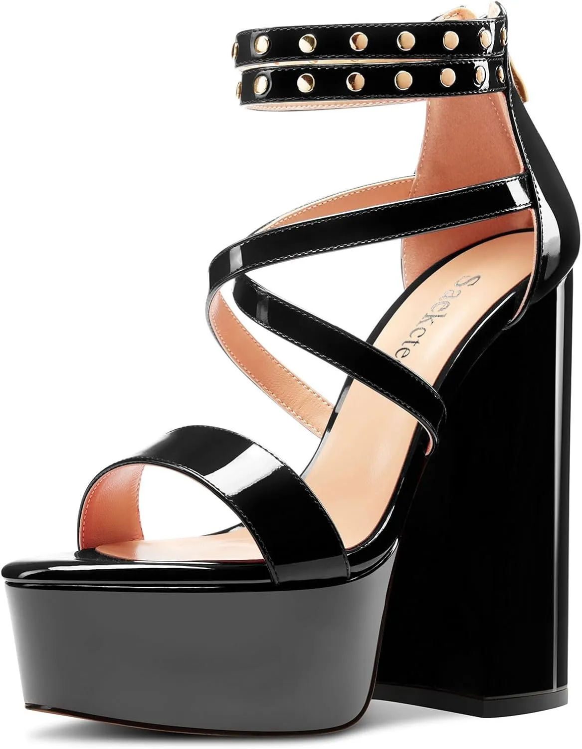 Saekcted Womens Chunky Block High Platform Heel Peep Open Toe Sandals Ankle Strap Cross-Strap Party 5.9 Inches Heels