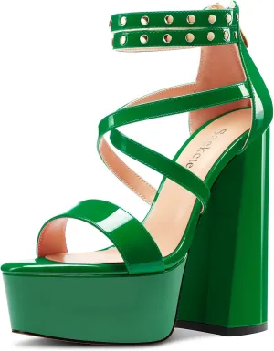 Saekcted Womens Chunky Block High Platform Heel Peep Open Toe Sandals Ankle Strap Cross-Strap Party 5.9 Inches Heels