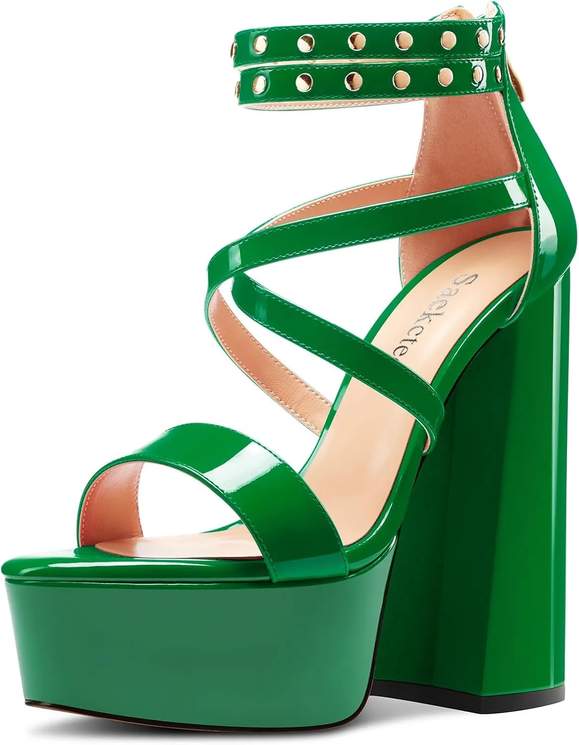 Saekcted Womens Chunky Block High Platform Heel Peep Open Toe Sandals Ankle Strap Cross-Strap Party 5.9 Inches Heels