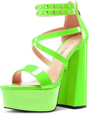 Saekcted Womens Chunky Block High Platform Heel Peep Open Toe Sandals Ankle Strap Cross-Strap Party 5.9 Inches Heels