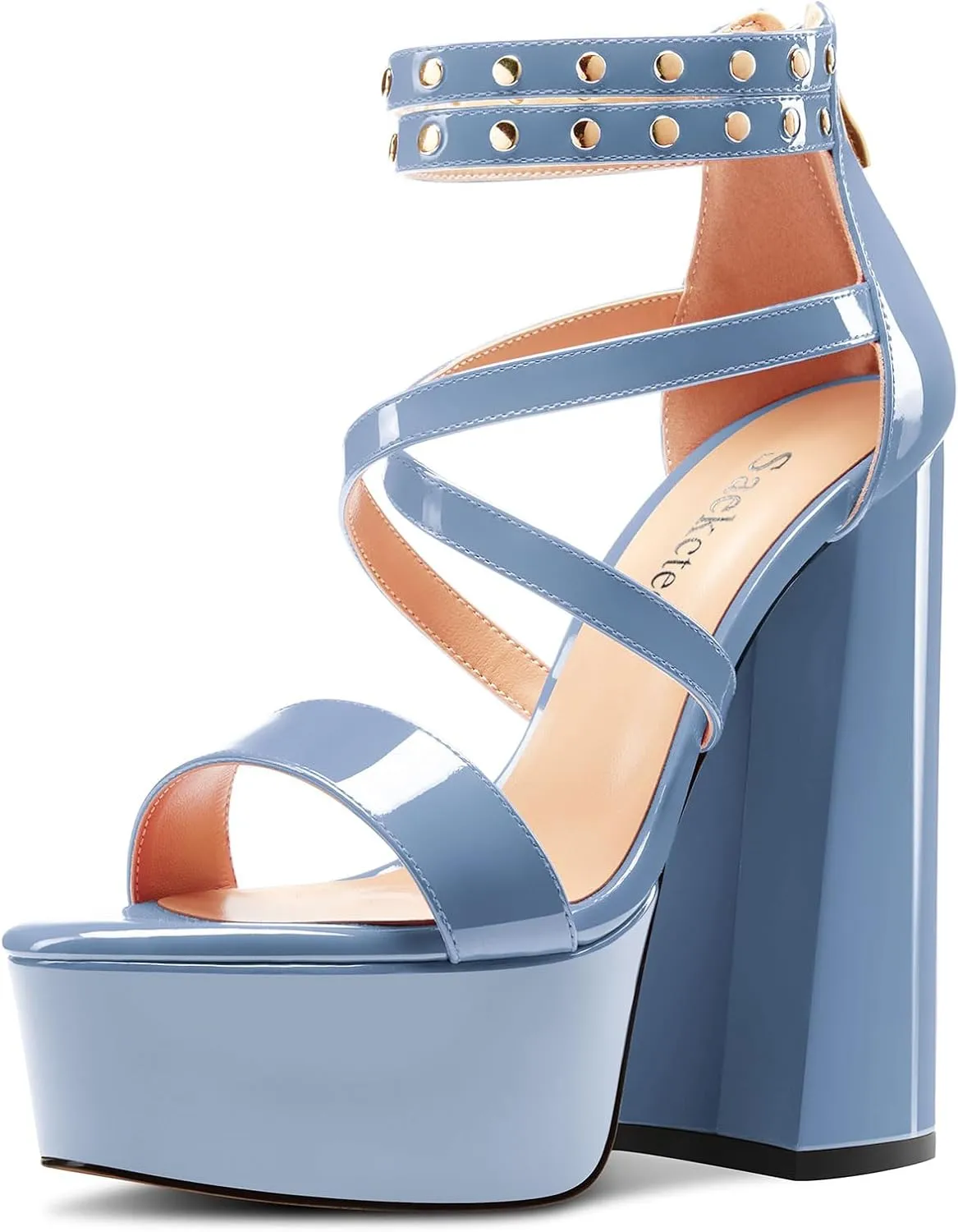 Saekcted Womens Chunky Block High Platform Heel Peep Open Toe Sandals Ankle Strap Cross-Strap Party 5.9 Inches Heels