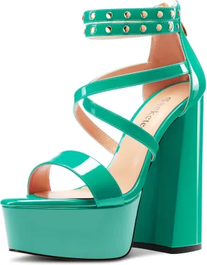 Saekcted Womens Chunky Block High Platform Heel Peep Open Toe Sandals Ankle Strap Cross-Strap Party 5.9 Inches Heels