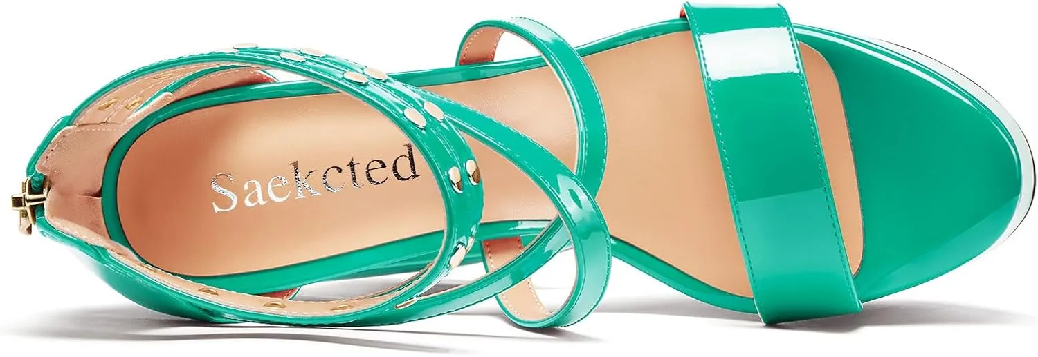 Saekcted Womens Chunky Block High Platform Heel Peep Open Toe Sandals Ankle Strap Cross-Strap Party 5.9 Inches Heels