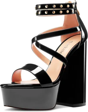 Saekcted Womens Chunky Block High Platform Heel Peep Open Toe Sandals Ankle Strap Cross-Strap Party 5.9 Inches Heels
