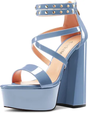 Saekcted Womens Chunky Block High Platform Heel Peep Open Toe Sandals Ankle Strap Cross-Strap Party 5.9 Inches Heels