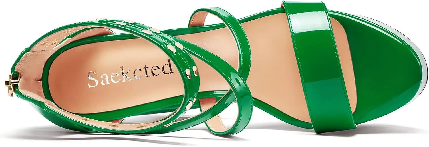 Saekcted Womens Chunky Block High Platform Heel Peep Open Toe Sandals Ankle Strap Cross-Strap Party 5.9 Inches Heels