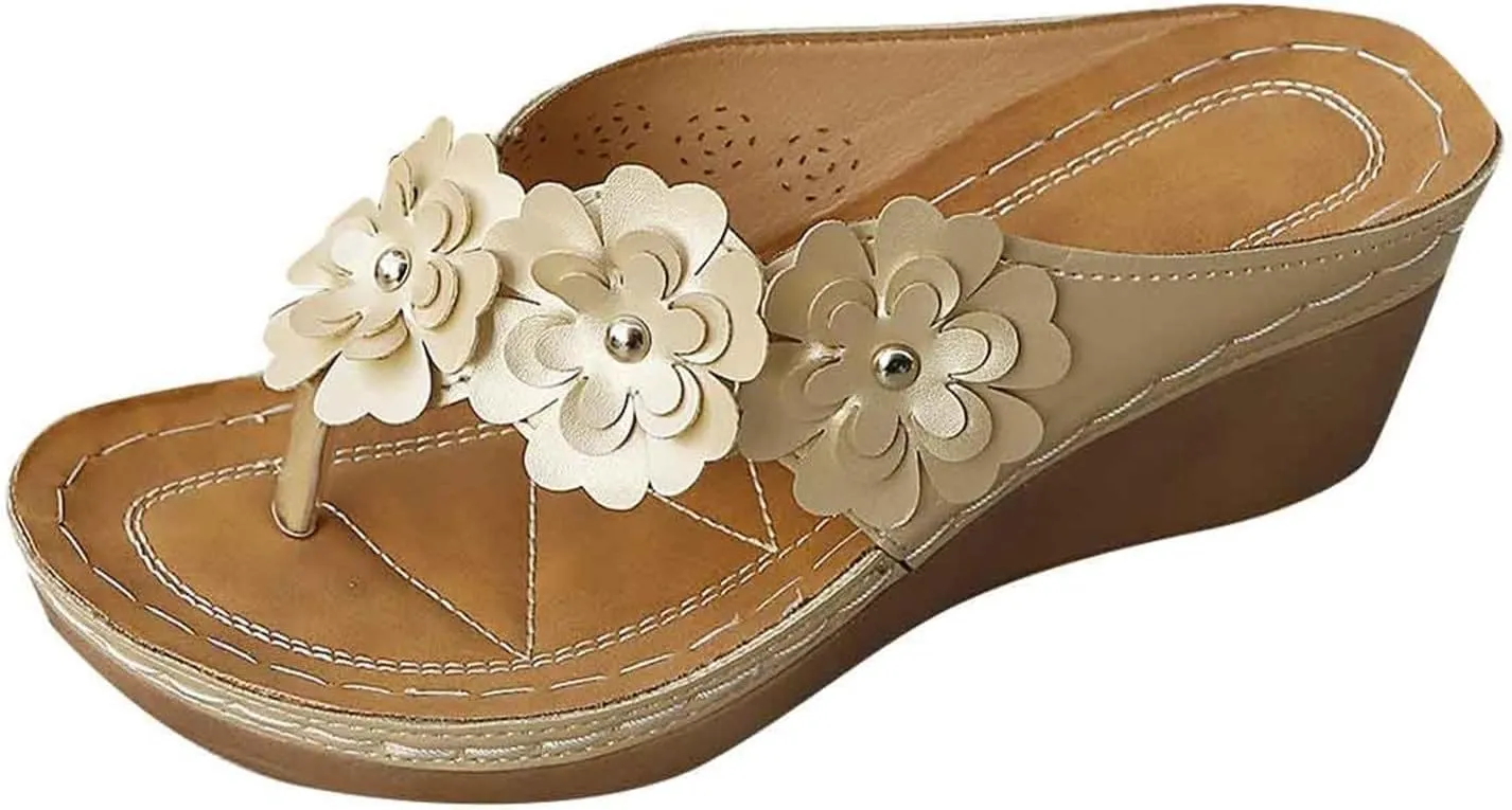 Sandals for Women Comfortable Wedge Platform Flip Flops Flat Open Toe Silppers Dressy Casual Walking Shoes Chic Flower Beach Vacation Sandals with Arch Support