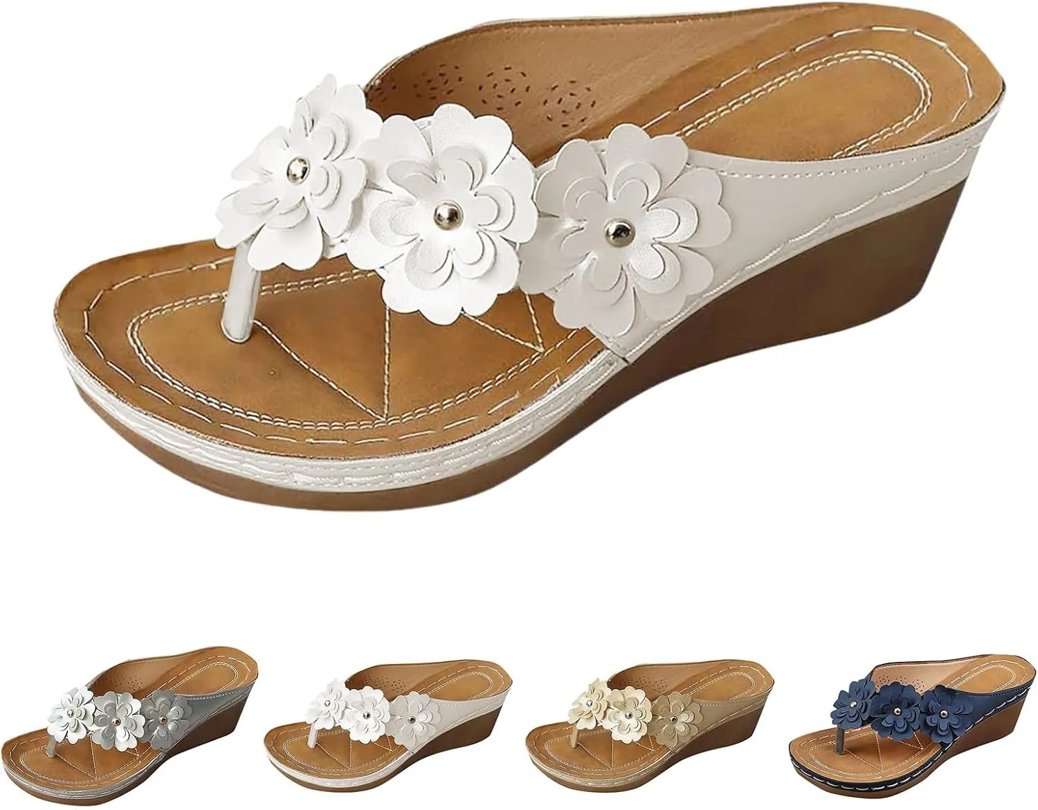 Sandals for Women Comfortable Wedge Platform Flip Flops Flat Open Toe Silppers Dressy Casual Walking Shoes Chic Flower Beach Vacation Sandals with Arch Support