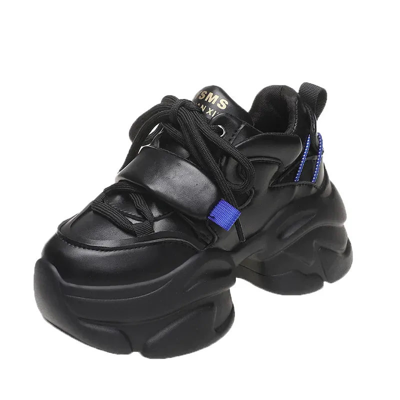 Sohiwoo Black PU Chunky Sneakers for Women  Non Slip Platform Sports Shoes Woman Thick Sole Lace Up Vulcanize Shoes Zapatillas Mujer