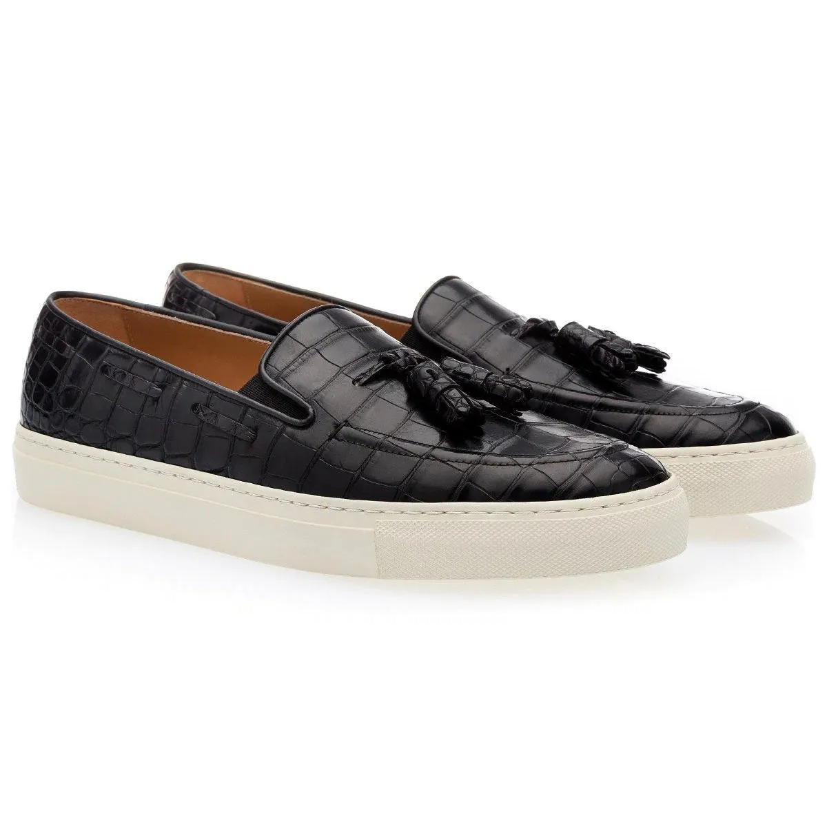 SUPERGLAMOUROUS Philippe Mississippi Men's Shoes Black Exotic Alligator Skate Tassels Sneakers (SPGM1109)