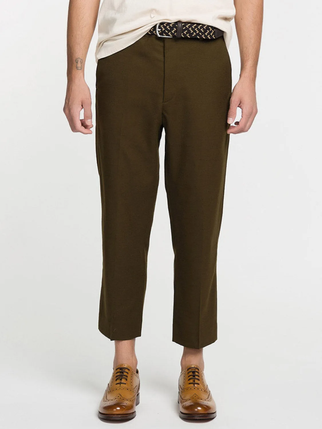 Tan Tapered Cropped Virgin Wool Blend Trousers