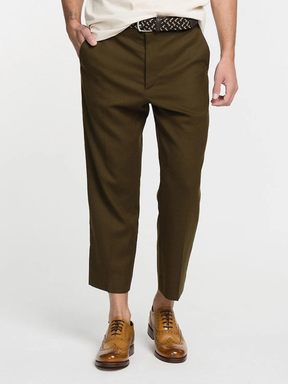 Tan Tapered Cropped Virgin Wool Blend Trousers