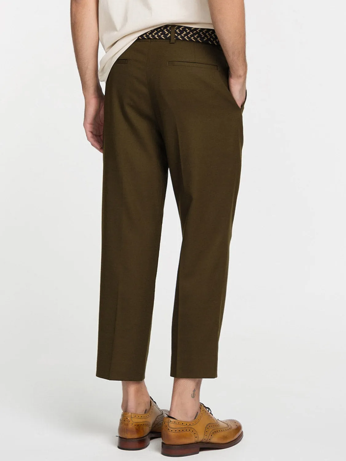 Tan Tapered Cropped Virgin Wool Blend Trousers