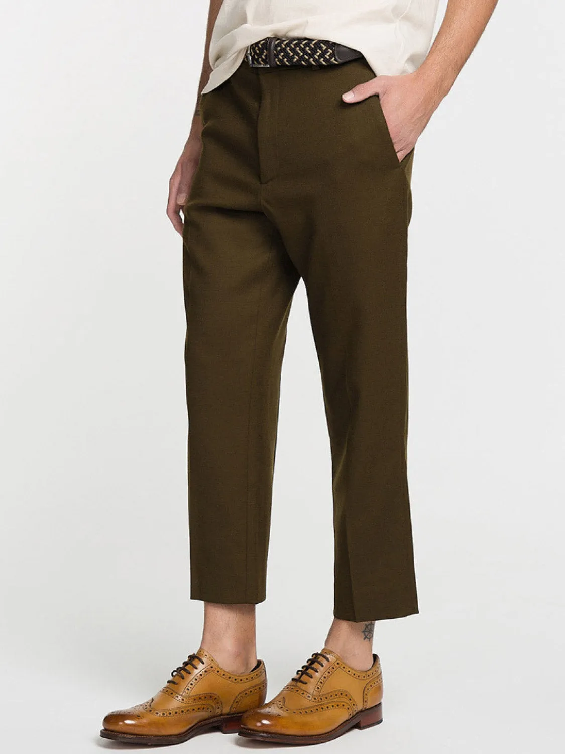 Tan Tapered Cropped Virgin Wool Blend Trousers