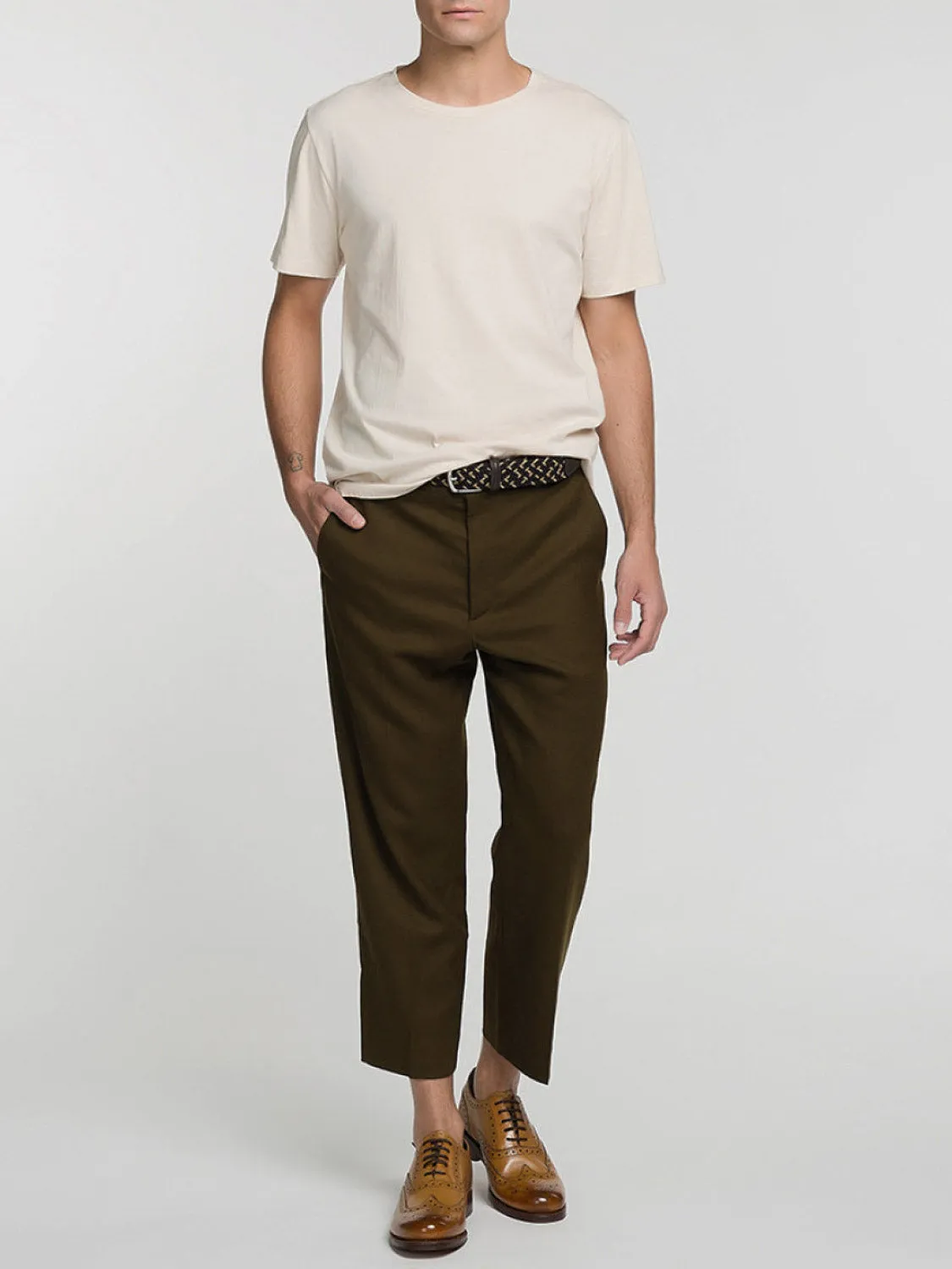 Tan Tapered Cropped Virgin Wool Blend Trousers