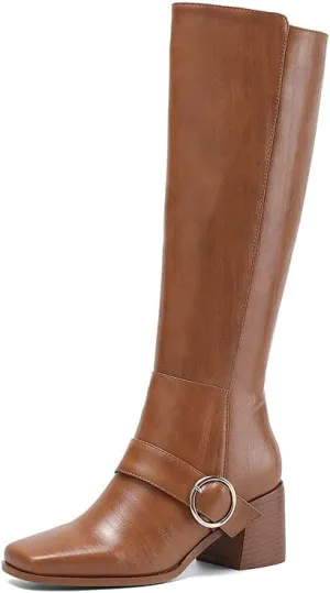 TinaCus Square Toe Handmade Buckle Genuine Leather Chunky Heel Side Zip Up Women's Trendy Knee High Boots