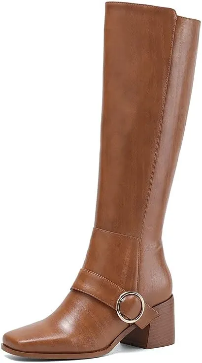 TinaCus Square Toe Handmade Buckle Genuine Leather Chunky Heel Side Zip Up Women's Trendy Knee High Boots