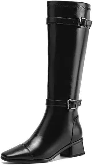 TinaCus Women's Square Toe Genuine Leather Handmade Zipper Chunky Heels Trendy Knee High Boots with Buckles