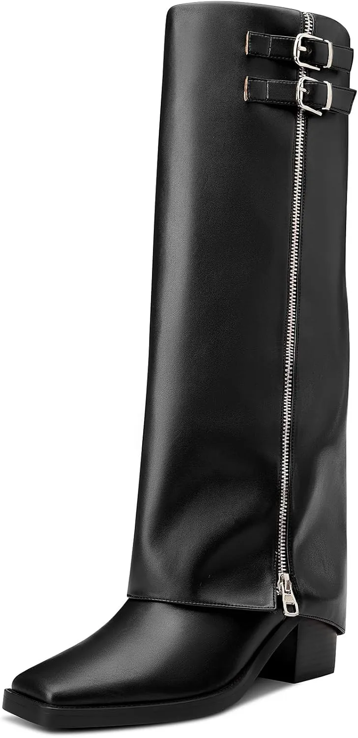 TNYNFBEB Womens Chunky Block Mid Heel Square Toe Knee High Boots Zipper Prom Party Dress Winter 2.6 Inches Heels
