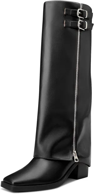 TNYNFBEB Womens Chunky Block Mid Heel Square Toe Knee High Boots Zipper Prom Party Dress Winter 2.6 Inches Heels
