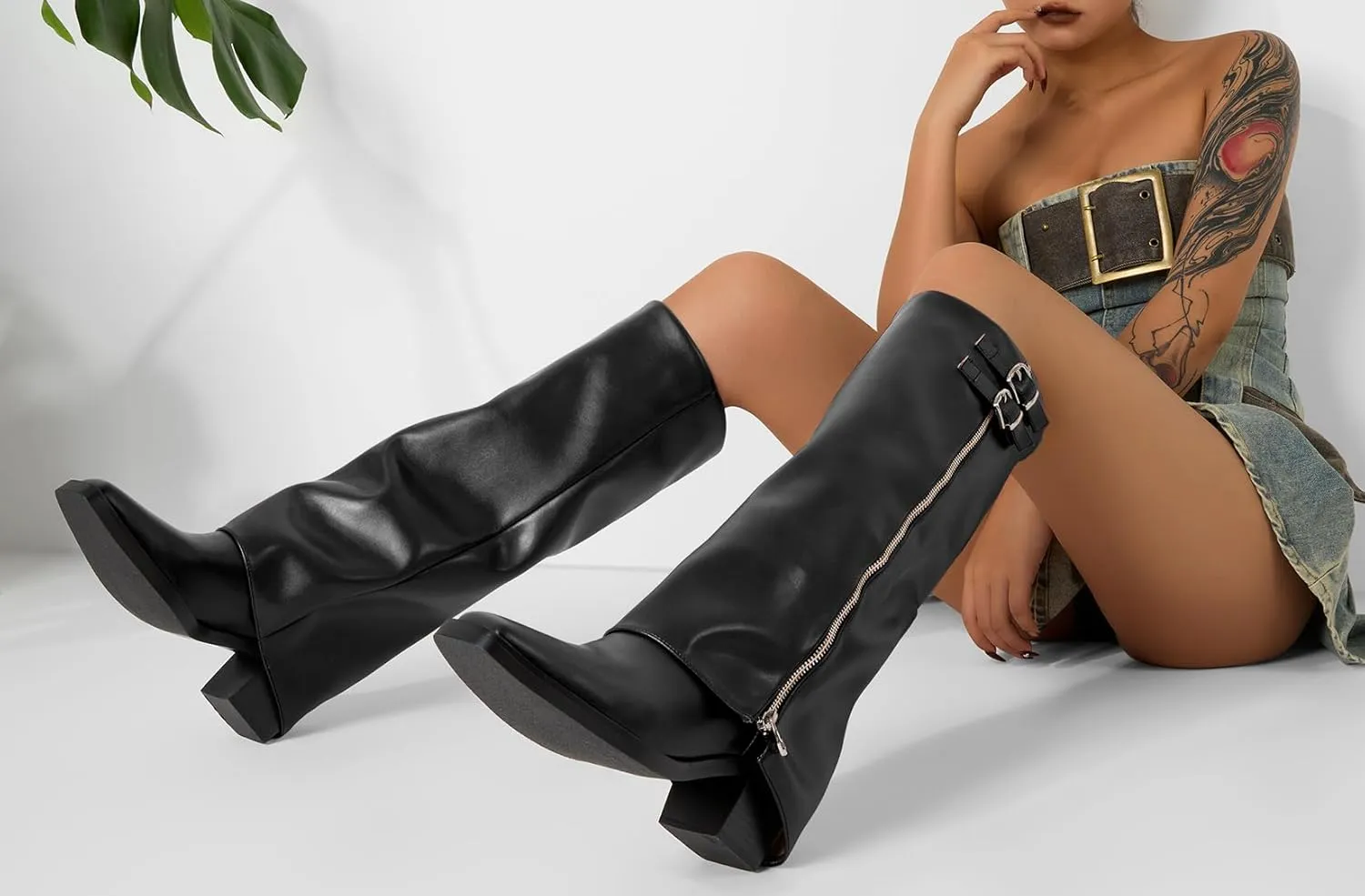 TNYNFBEB Womens Chunky Block Mid Heel Square Toe Knee High Boots Zipper Prom Party Dress Winter 2.6 Inches Heels