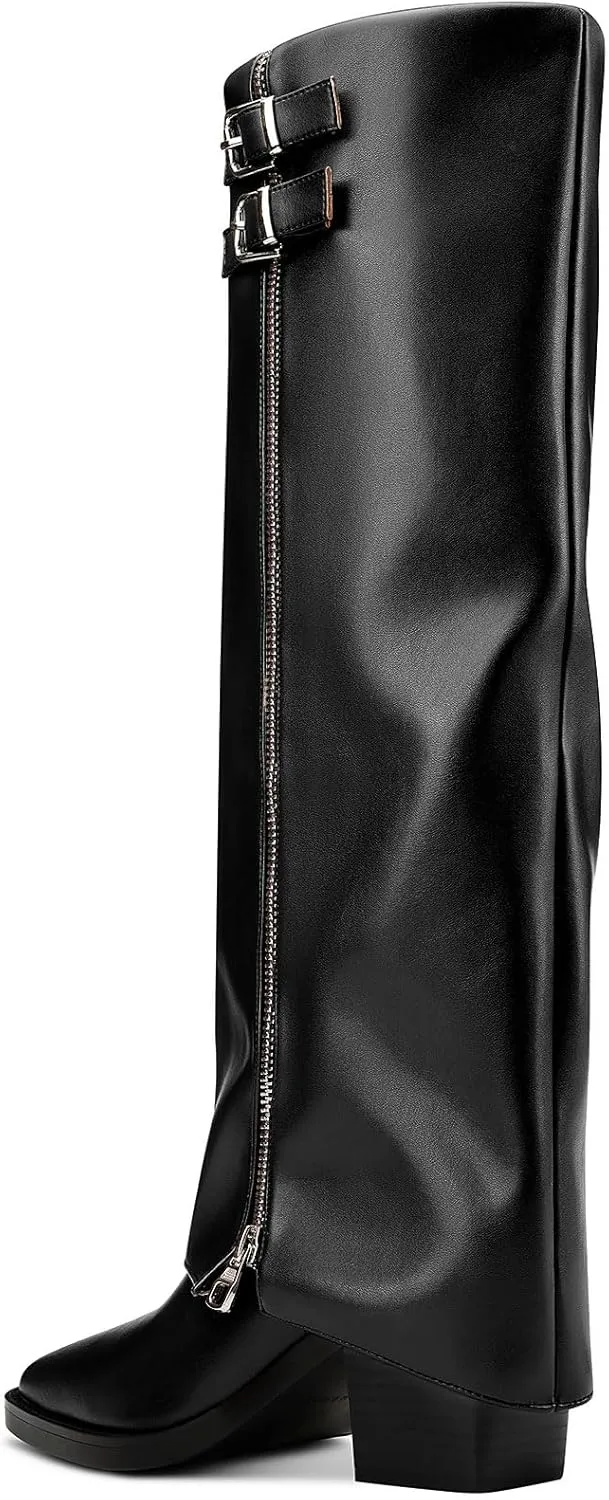 TNYNFBEB Womens Chunky Block Mid Heel Square Toe Knee High Boots Zipper Prom Party Dress Winter 2.6 Inches Heels