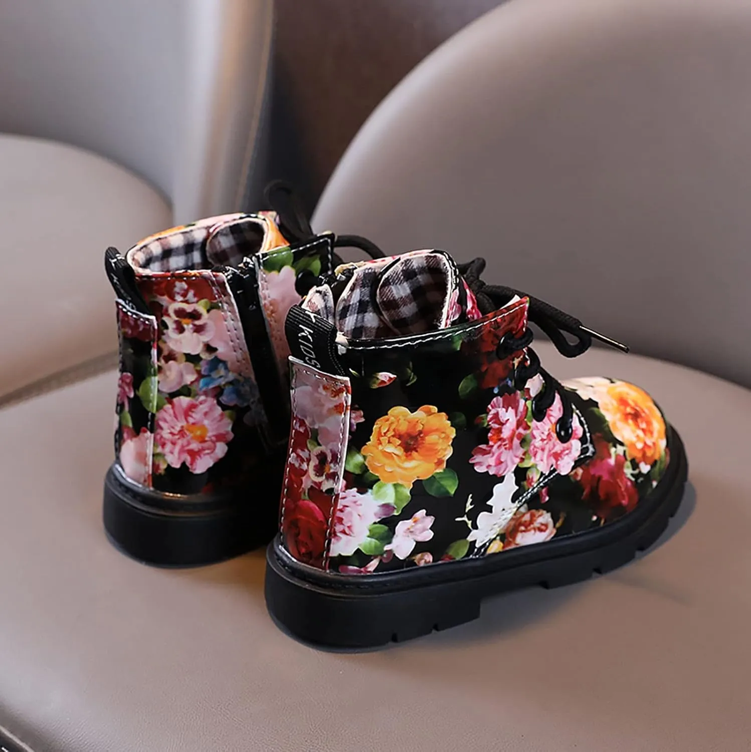 Toddler Girls Boots helsea aterproof Ankle Booties Floral Prints Chunky Heel Lug Sole Elastic Fashion Shoes