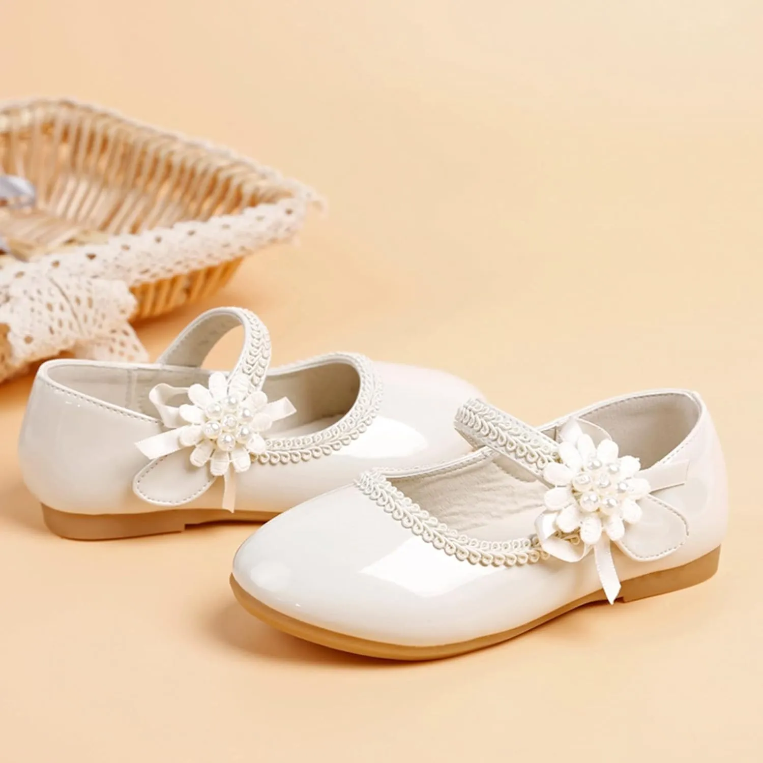 Toddler Girls Dress Shoes Mary Jane Ballet Flats Flower Girl School Party Wedding Shoes with Flower